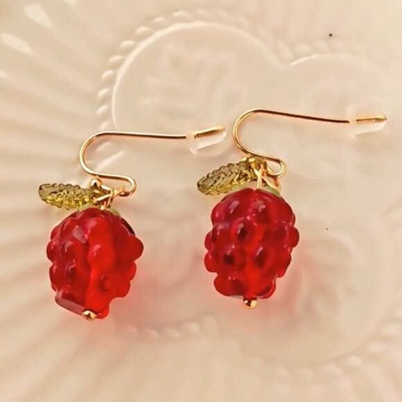 NEW✨Vibrant Red and Green Raspberry Earrings - Picture 3 of 3